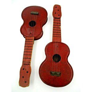 Lot of 2 Vintage Tin Metal Wood Small Toy GUITARS Musical Instruments Children